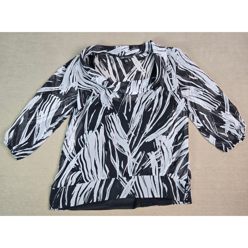 I.N. Studio Black White Abstract Cowl Neck Blouse 3/4 Sleeve sheer S Layered Top